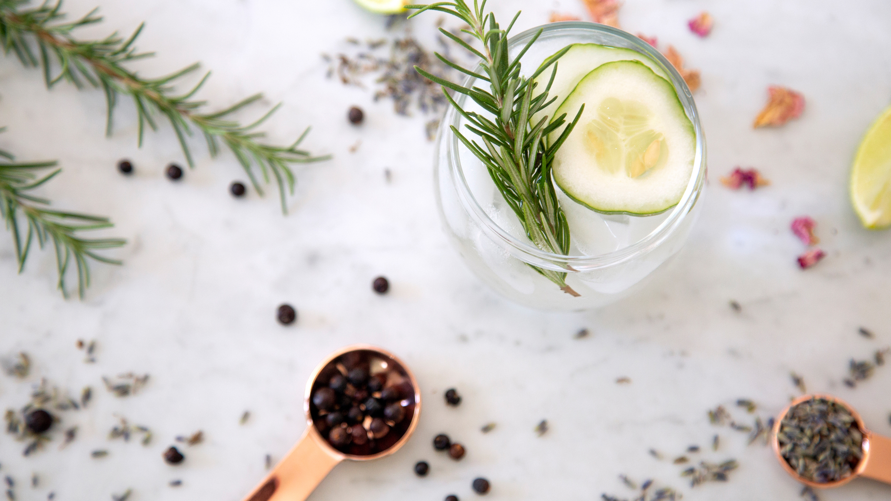 Glas mit Gin Tonic, Gurkenscheibe und Rosmarin